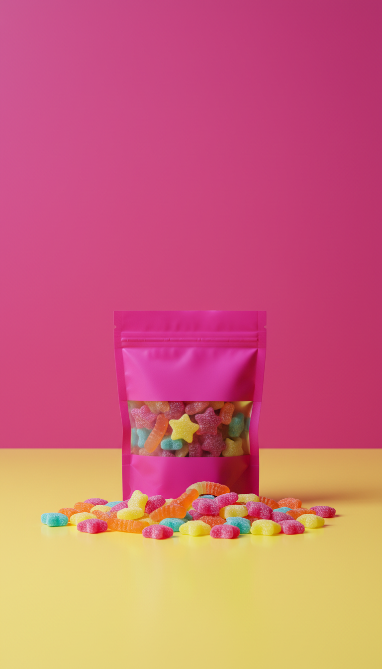 Electric magenta sour gummies pouch